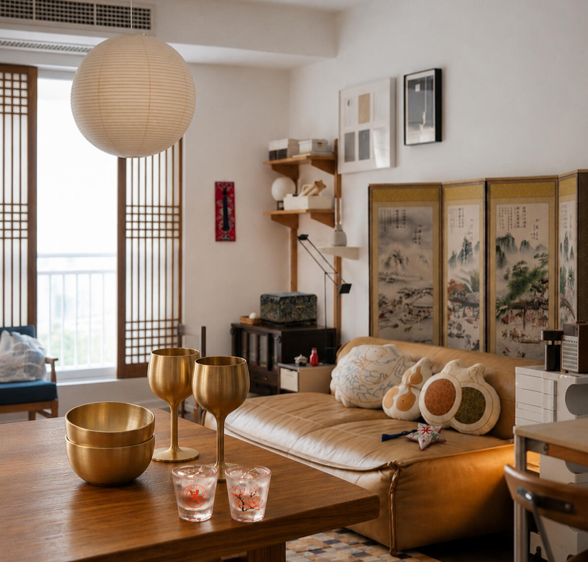 A modern living room featuring Korean-inspired home décor with traditional folding screens, brass tableware, and warm minimalist styling.