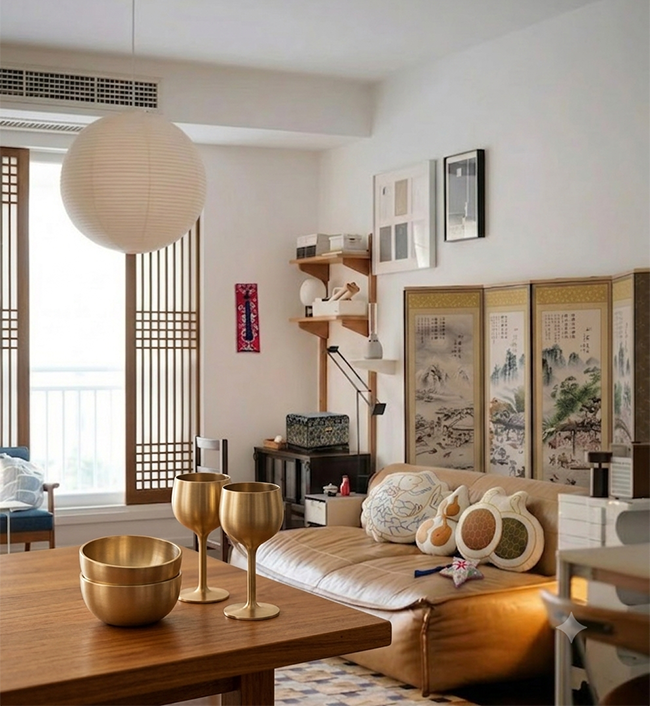 A modern living room featuring Korean-inspired home décor with traditional folding screens, brass tableware, and warm minimalist styling.